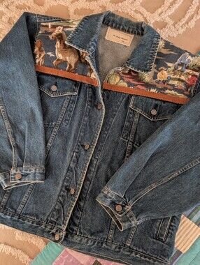 Upcycled denim jacket w rare cowboy fabric, Size M - L